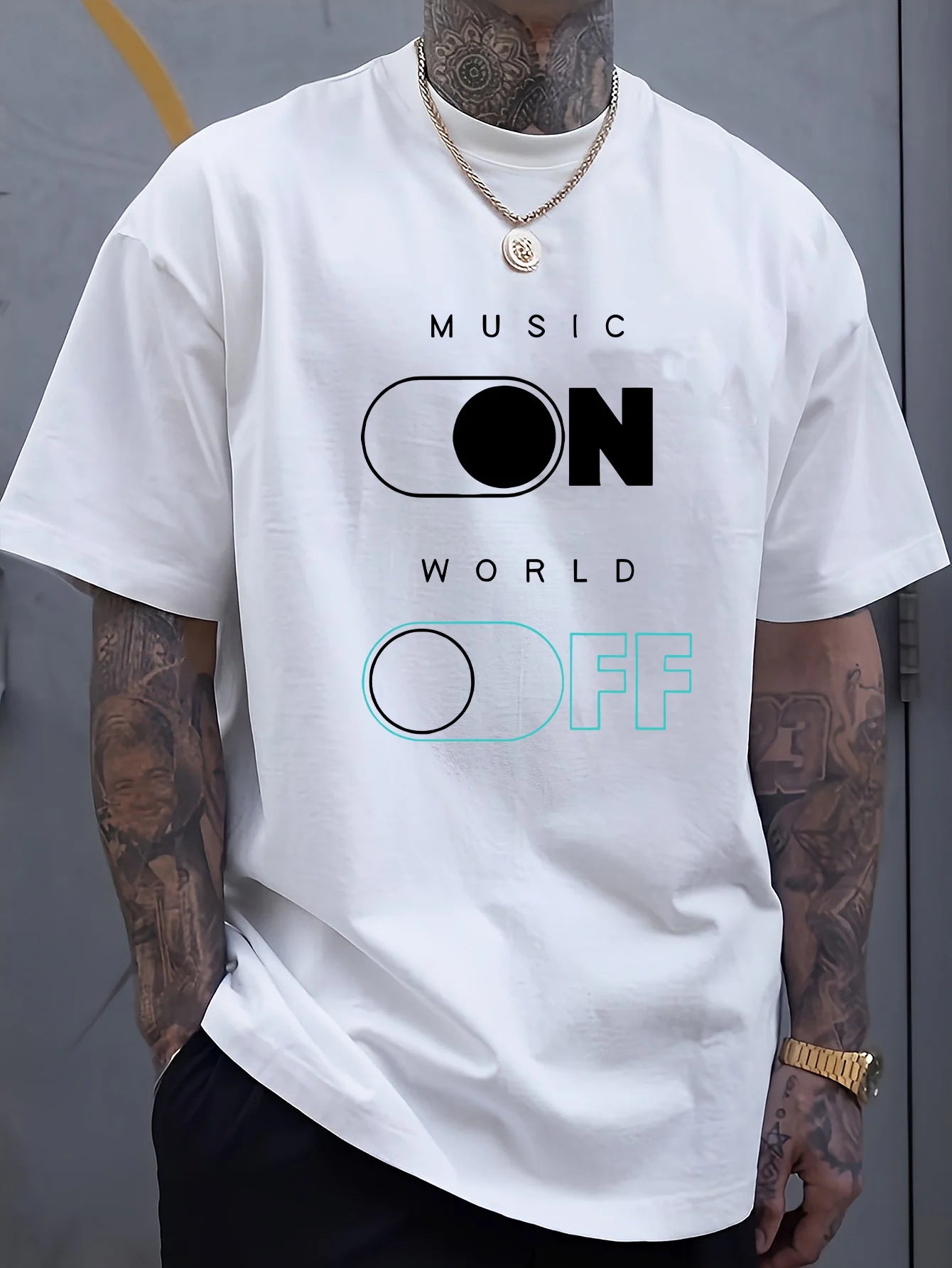 Men's 180G Pure Cotton Music Switch Graphic T-Shirt - Black Short Sleeve Crew Neck Tee with "MUSIC ON" Print, Breathable