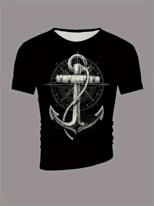 2024 Fashion Men'S Summer Casual Tees Tops Anchor Printed T Shirt Casual Male TShirt Compass Pattern T Shirts