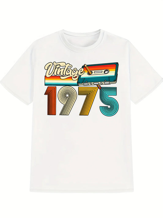 Men'S Vintage 1975 Graphic T-Shirt - Casual Crew Neck, Black with Colorful Tape Design, Perfect for Summer
