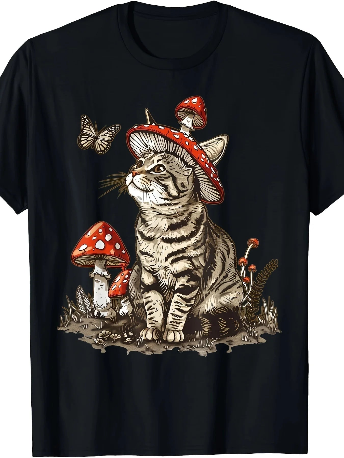 Whimsical Gray Cat Mushroom Aesthetic Graphic Tee - Soft 100% Cotton, 220g Lightweight Fabric
