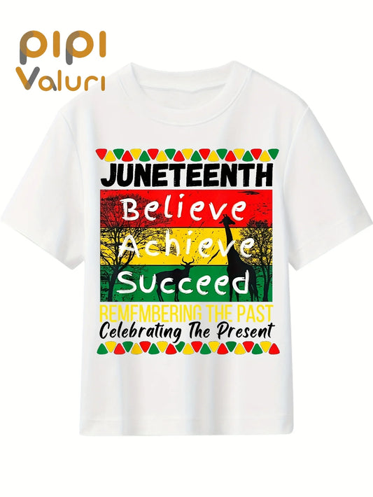 Juneteenth Believe Achieve Succeed T-Shirt - Cotton Blend Crew Neck Tee with Vibrant Color Block Design,