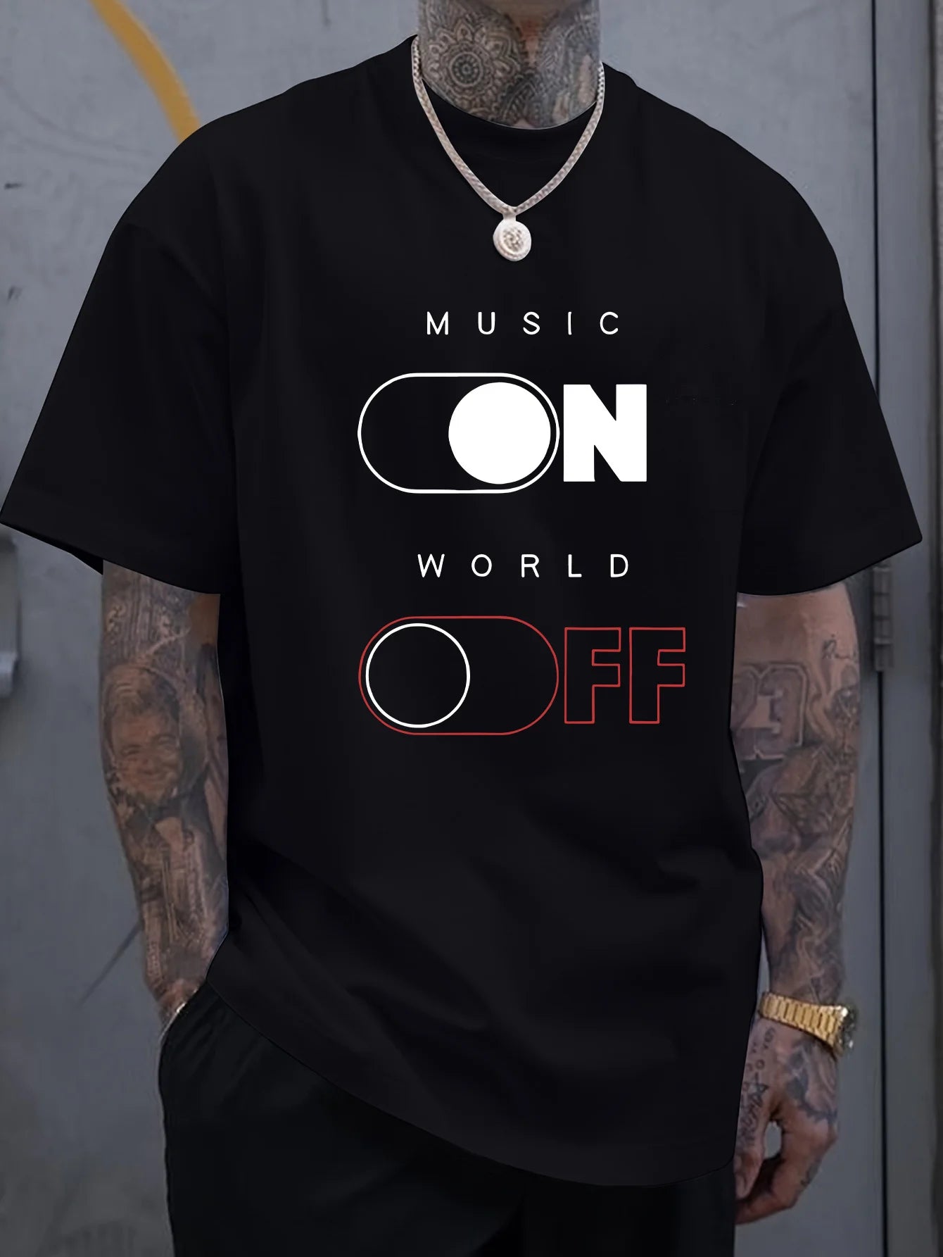 Men's 180G Pure Cotton Music Switch Graphic T-Shirt - Black Short Sleeve Crew Neck Tee with "MUSIC ON" Print, Breathable