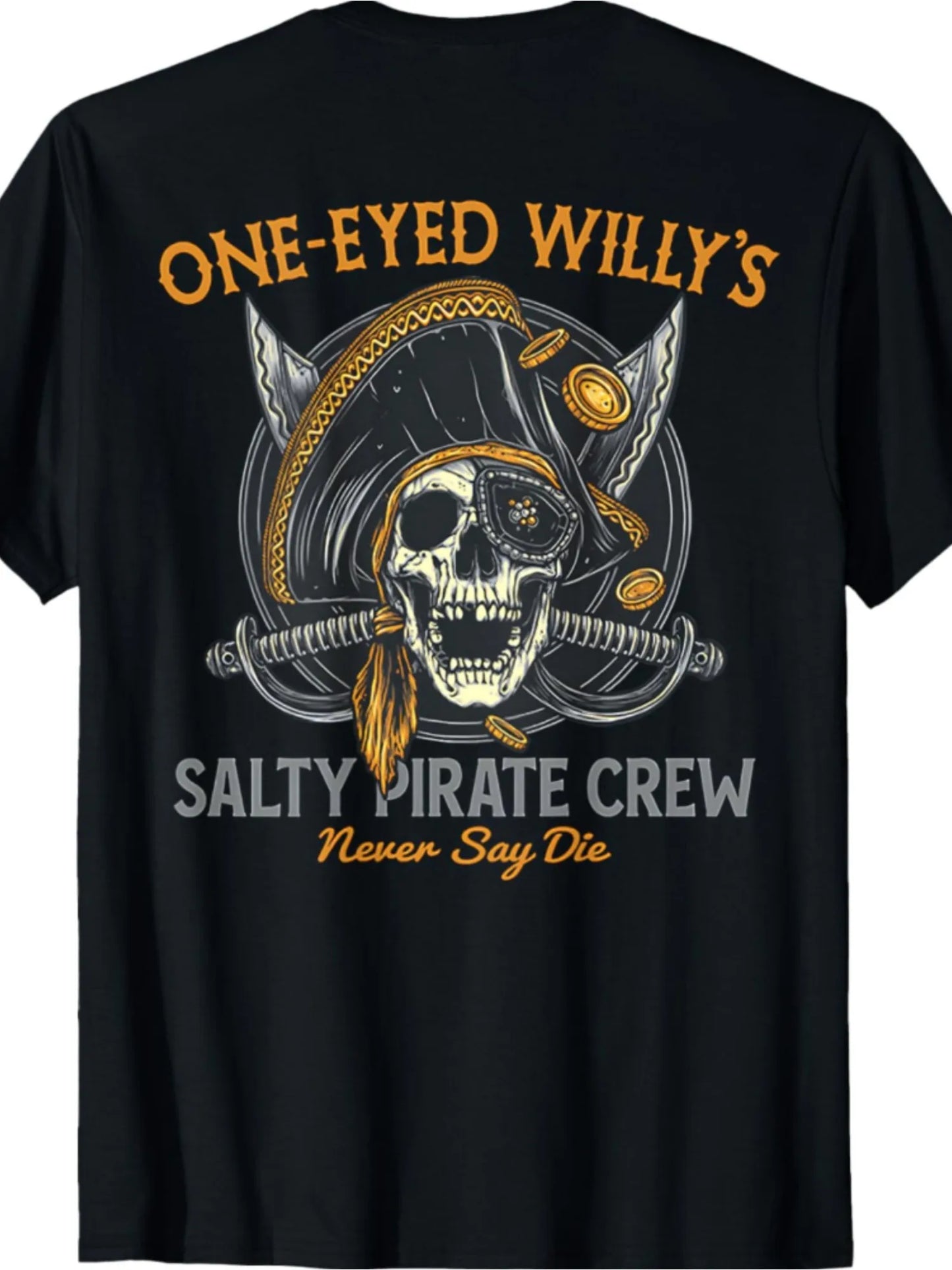 One Eyed Willy's Salty Pirate Crew Graphic Tee - Men's Casual Cotton T-Shirt with Skull & Crossbones Design, Black