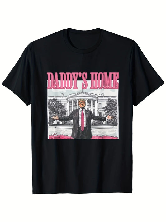 1pc Unisex Cotton T-Shirt, "Daddy'S Home" Trump 2024 Election Print, Casual Crew Neck, Short Sleeve, All-Season Knit Fabric
