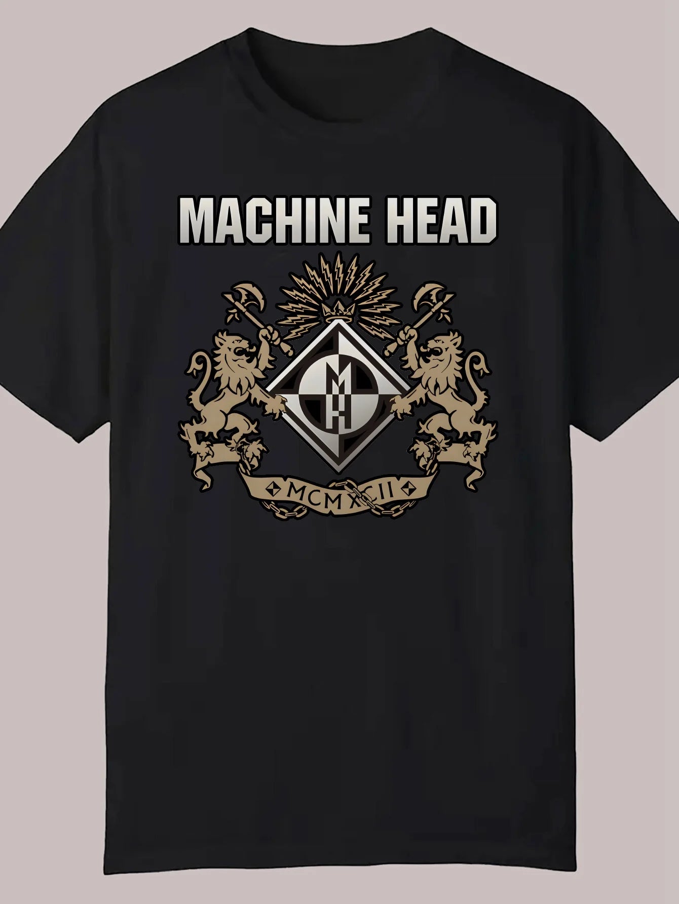 Men'S Casual "Machine Head" Graphic T-Shirt - Black Polyester, Round Neck, Summer Tee with Lion & Star Design