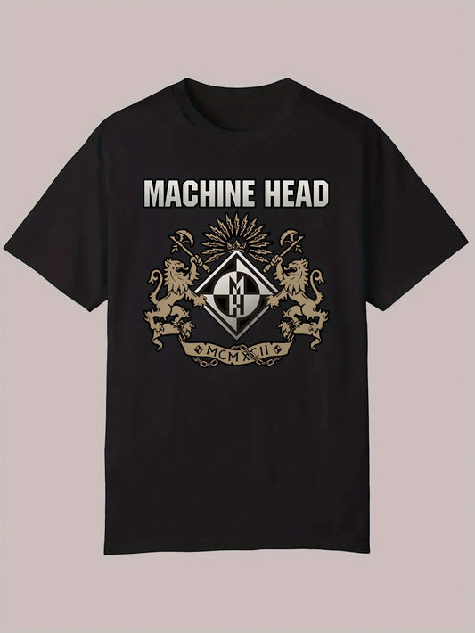 Men'S Casual "Machine Head" Graphic T-Shirt - Black Polyester, Round Neck, Summer Tee with Lion & Star Design