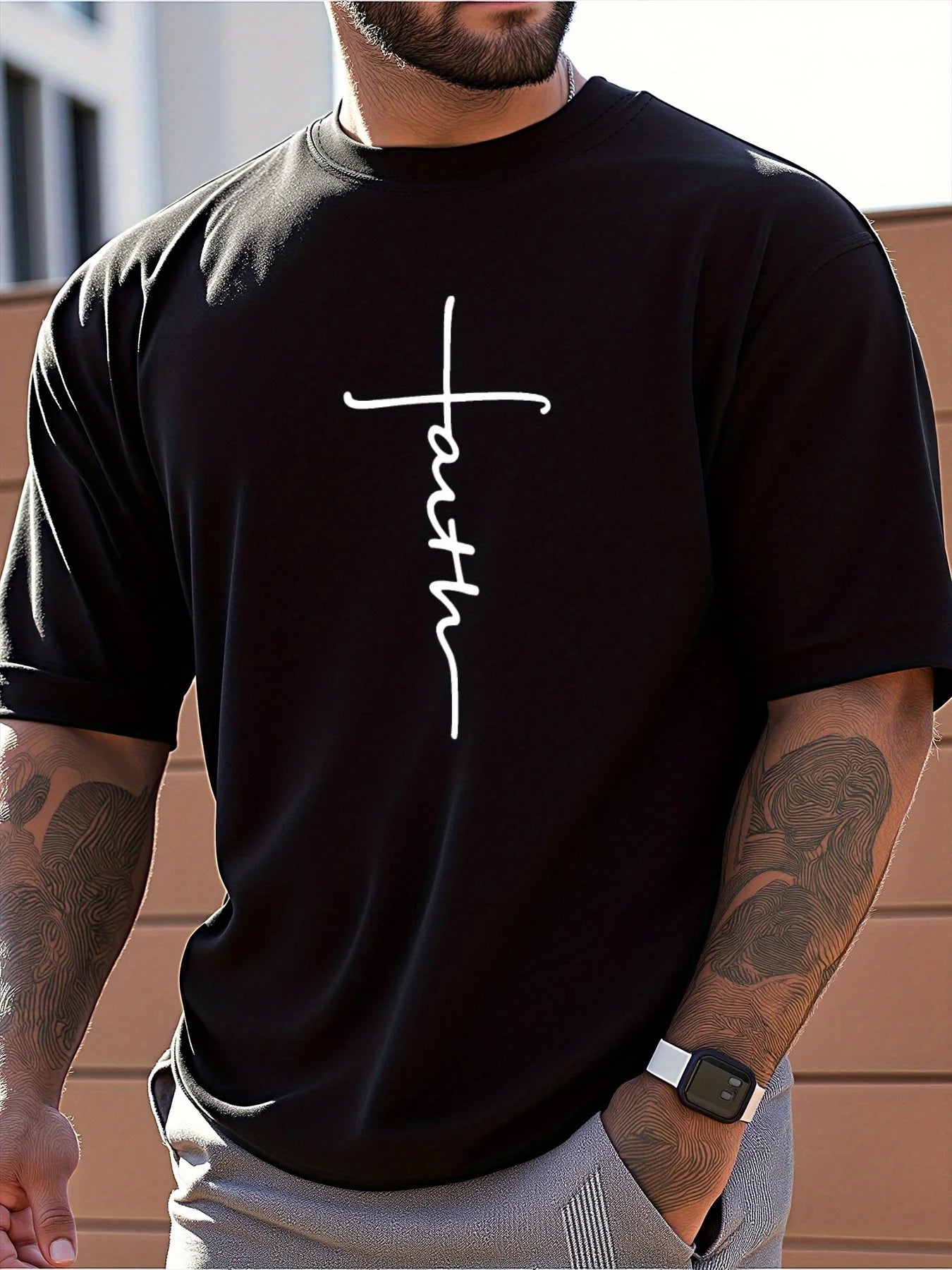 Men's Faith Cross Print Short Sleeve T-Shirt - 100% Cotton Loose Fit Casual Streetwear, Breathable Summer Essential for Daily