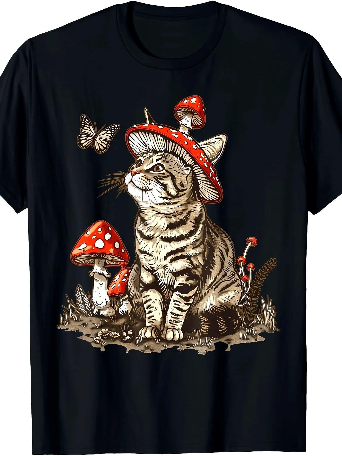 Whimsical Gray Cat Mushroom Aesthetic Graphic Tee - Soft 100% Cotton, 220g Lightweight Fabric