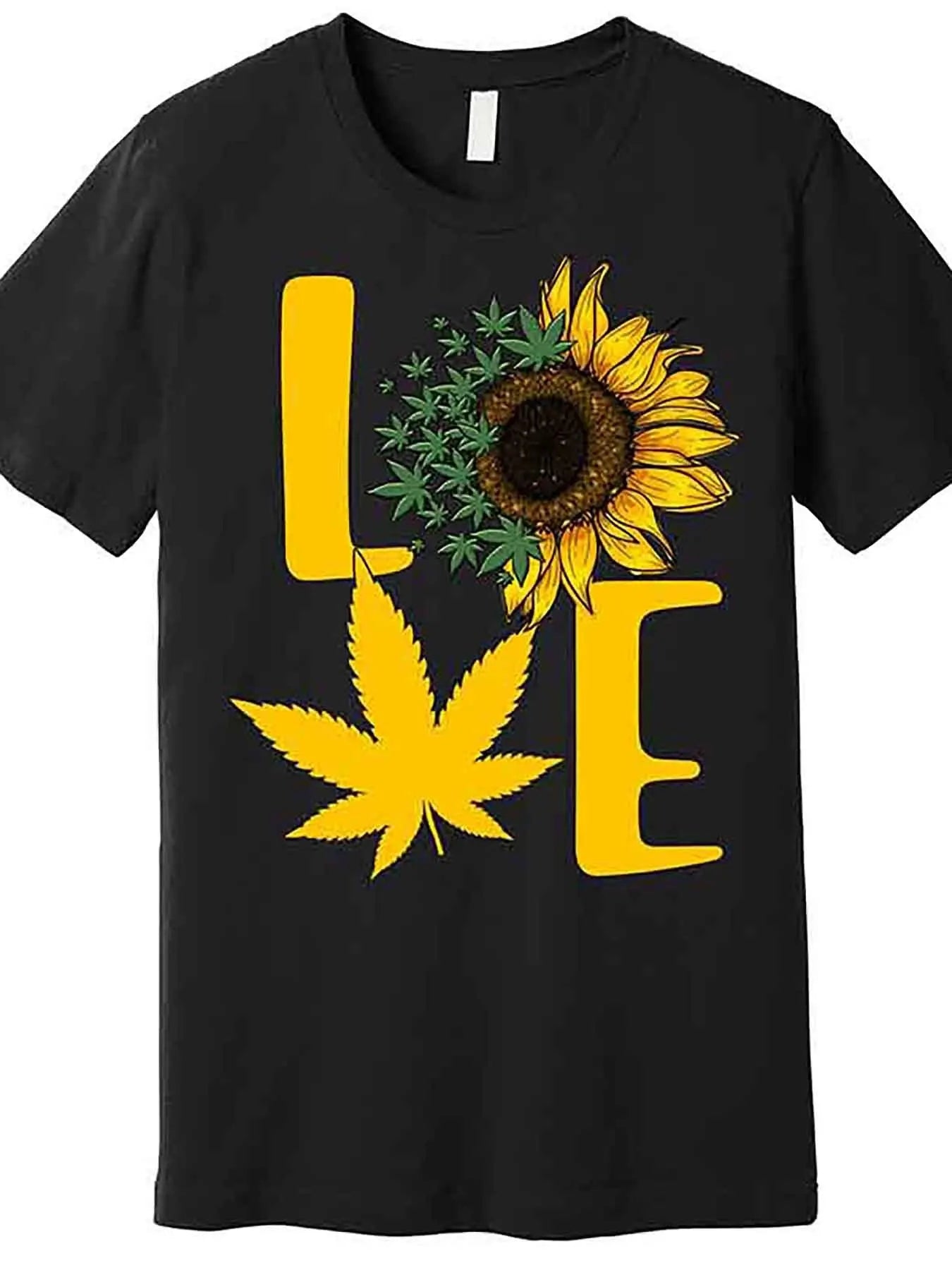 Men's Funny & Sunflower Graphic Cotton T-Shirt - Bold LOVE Design with Leaf & Flower Motifs, Premium Soft Short Sleeve Tee