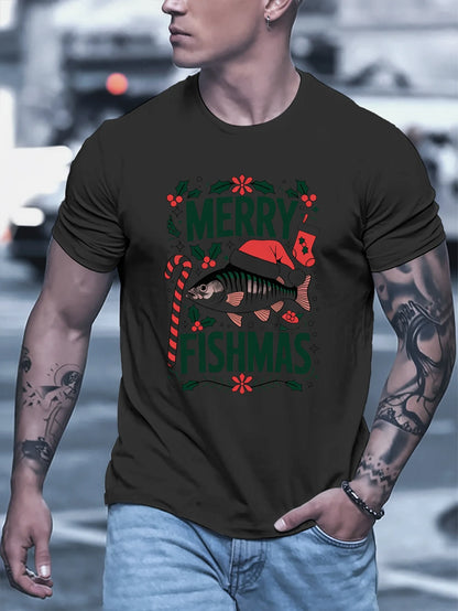 [Merry Fishmas Casual Crew Tee] Men'S Christmas Merry Fishmas Graphic T-Shirt, Casual Crew Neck Polyester Tee