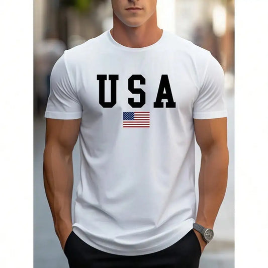 1PC "USA" with American flag graphic print, men's innovative design T-shirt,  men's daily activity top