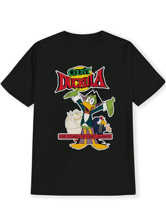 [Vibrant Graphic T-Shirt] Black Vibrant Count Duckula Graphic T-Shirt | Men's Casual Crew Neck Tee with Cartoon Print