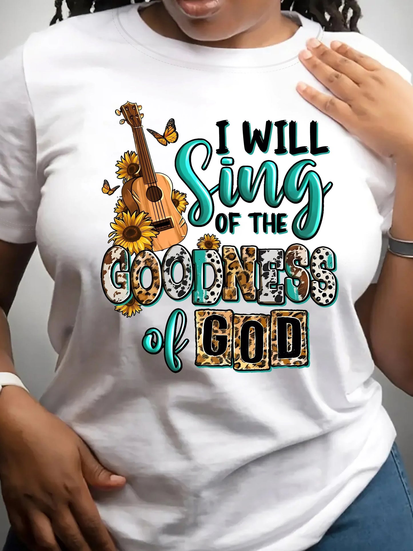 I Will Sing of The Goodness God" Inspirational T-Shirt - Soft, Crew Neck, Short Sleeve with Guitar & Sunflower Design