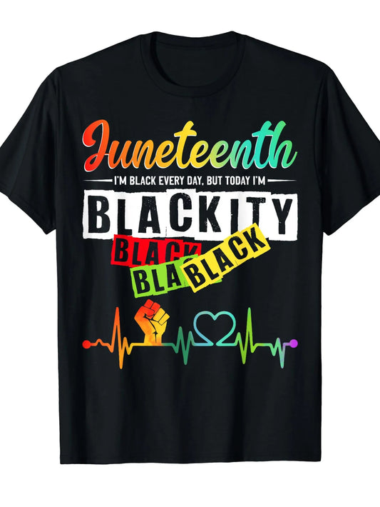 1 Juneteenth Celebration T- shirt- 100% Cotton Crewneck T- shirt With Applied Letters, Casual All- season Knit Fabric