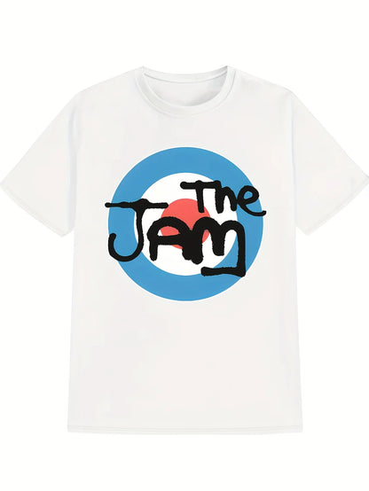 [Retro T-Shirt] Black Polyester Men's Casual Round Neck T-Shirt | Bold "THE JAM" Graphic Print,