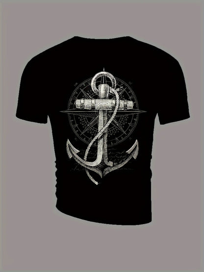 2024 Fashion Men'S Summer Casual Tees Tops Anchor Printed T Shirt Casual Male TShirt Compass Pattern T Shirts