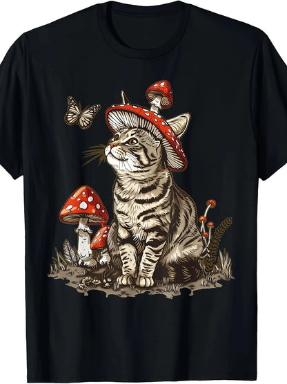Whimsical Gray Cat Mushroom Aesthetic Graphic Tee - Soft 100% Cotton, 220g Lightweight Fabric