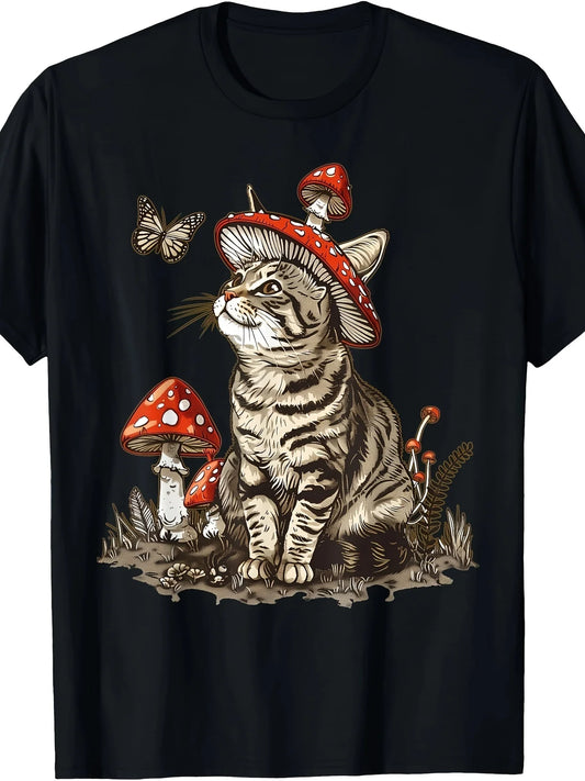 Whimsical Gray Cat Mushroom Aesthetic Graphic Tee - Soft 100% Cotton, 220g Lightweight Fabric