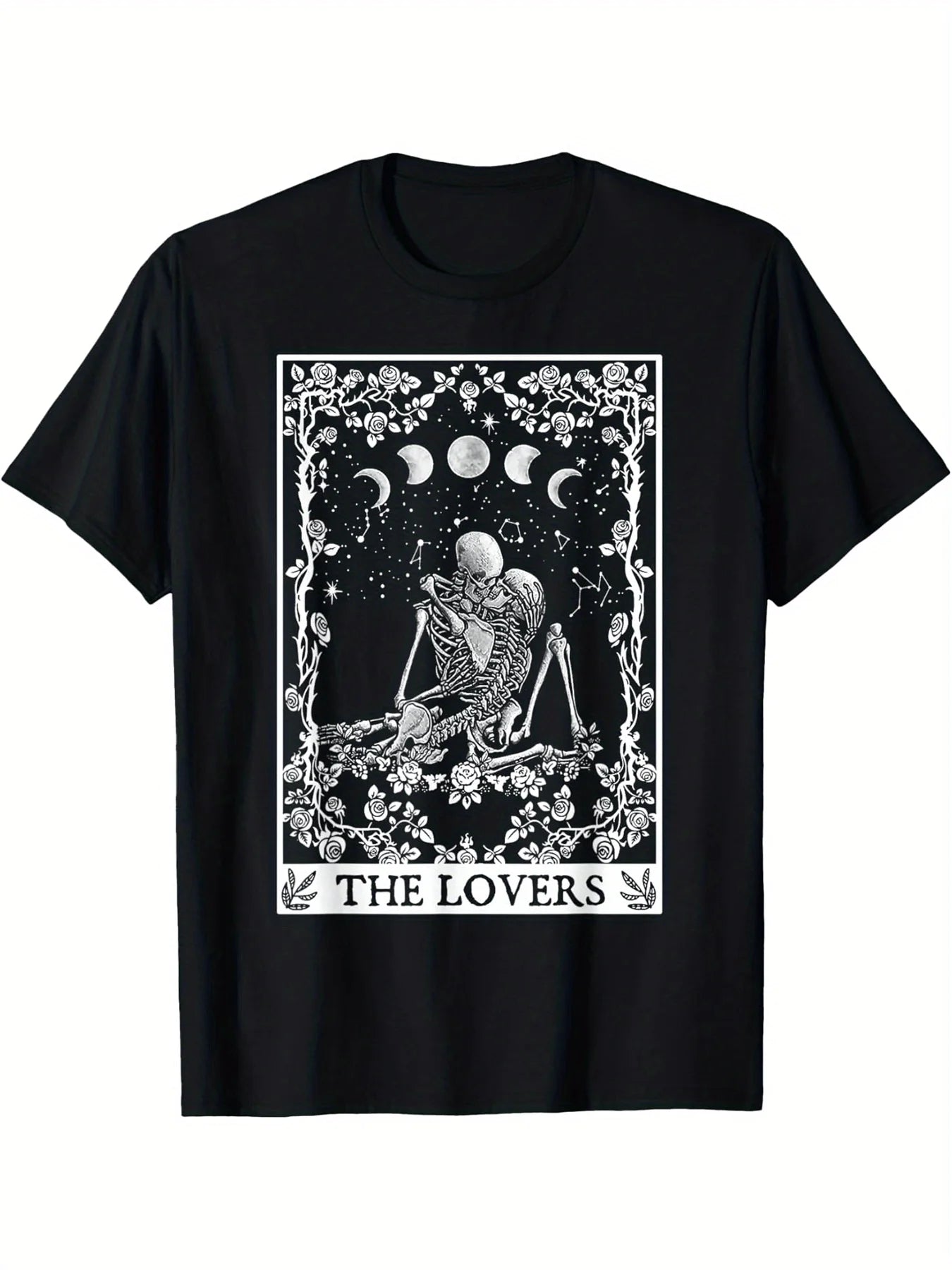 Men's Gothic Tarot Skeleton Lovers Graphic T-Shirt - Black Short Sleeve Casual Tee with Celestial Floral Design