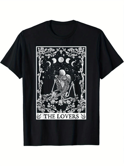 Men's Gothic Tarot Skeleton Lovers Graphic T-Shirt - Black Short Sleeve Casual Tee with Celestial Floral Design