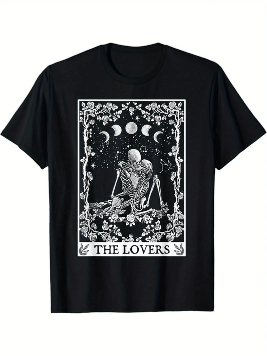 Men's Gothic Tarot Skeleton Lovers Graphic T-Shirt - Black Short Sleeve Casual Tee with Celestial Floral Design