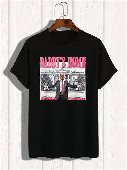 1pc Unisex Cotton T-Shirt, "Daddy'S Home" Trump 2024 Election Print, Casual Crew Neck, Short Sleeve, All-Season Knit Fabric
