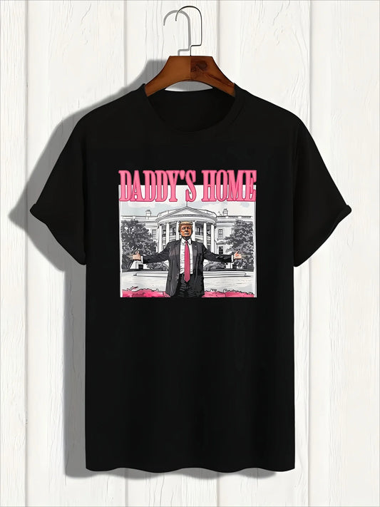 1pc Unisex Cotton T-Shirt, "Daddy'S Home" Trump 2024 Election Print, Casual Crew Neck, Short Sleeve, All-Season Knit Fabric