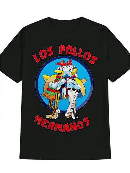 [LOS POLLOS HERMANOS Tee] LOS POLLOS HERMANOS Men's Casual Short Sleeve T-Shirt | Black Graphic with Dancing Chicken Design