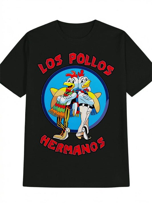 [LOS POLLOS HERMANOS Tee] LOS POLLOS HERMANOS Men's Casual Short Sleeve T-Shirt | Black Graphic with Dancing Chicken Design