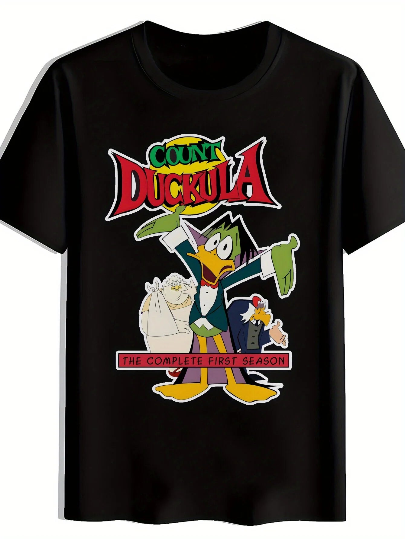 [Vibrant Graphic T-Shirt] Black Vibrant Count Duckula Graphic T-Shirt | Men's Casual Crew Neck Tee with Cartoon Print