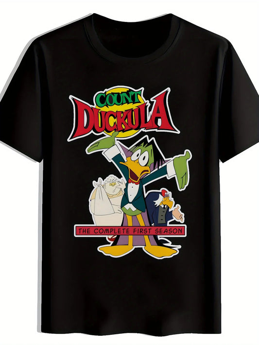 [Vibrant Graphic T-Shirt] Black Vibrant Count Duckula Graphic T-Shirt | Men's Casual Crew Neck Tee with Cartoon Print