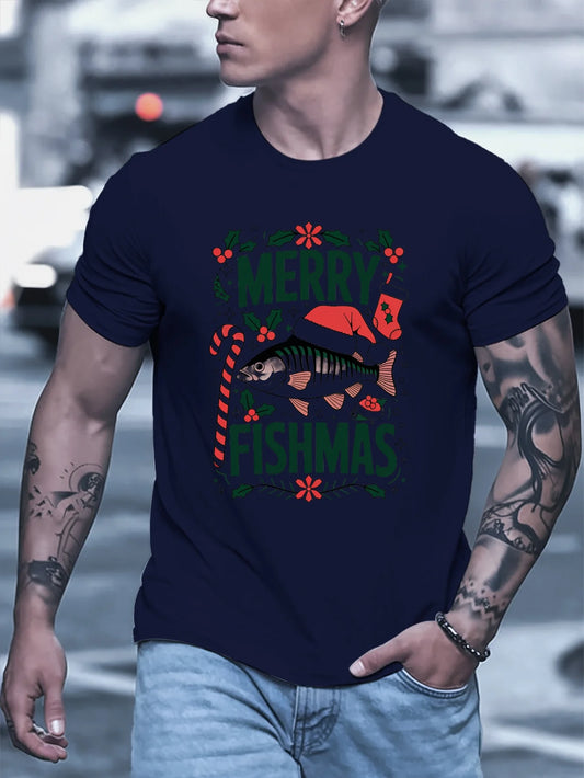 [Merry Fishmas Casual Crew Tee] Men'S Christmas Merry Fishmas Graphic T-Shirt, Casual Crew Neck Polyester Tee