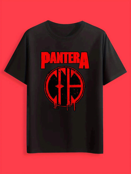 [Outdoor Adventures] Men's Black Pantera Graphic T-Shirt - Casual Crew Neck, Short Sleeve, Summer Polyester Tee