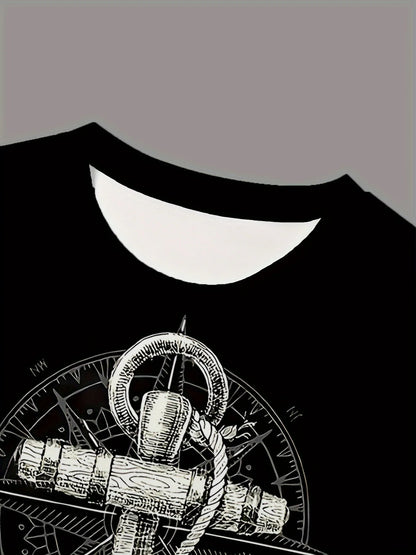 2024 Fashion Men'S Summer Casual Tees Tops Anchor Printed T Shirt Casual Male TShirt Compass Pattern T Shirts
