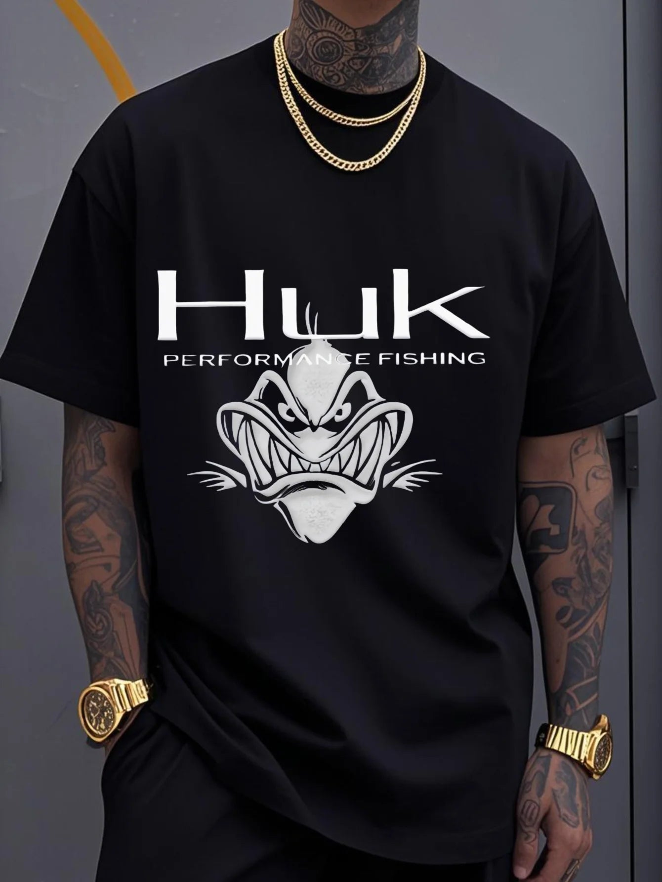 Large Huk Performance Fishing Graphic T-Shirt - Black Casual Crew Neck, Breathable Cotton Tee with Angry Fish Design for Outdoor