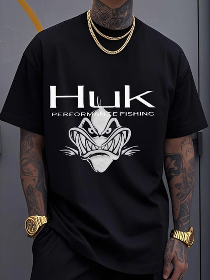 Large Huk Performance Fishing Graphic T-Shirt - Black Casual Crew Neck, Breathable Cotton Tee with Angry Fish Design for Outdoor