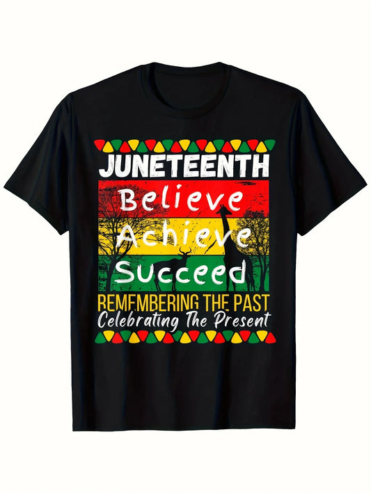 Juneteenth Believe Achieve Succeed T-Shirt - Cotton Blend Crew Neck Tee with Vibrant Color Block Design,
