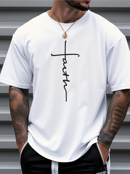 Men's Faith Cross Print Short Sleeve T-Shirt - 100% Cotton Loose Fit Casual Streetwear, Breathable Summer Essential for Daily