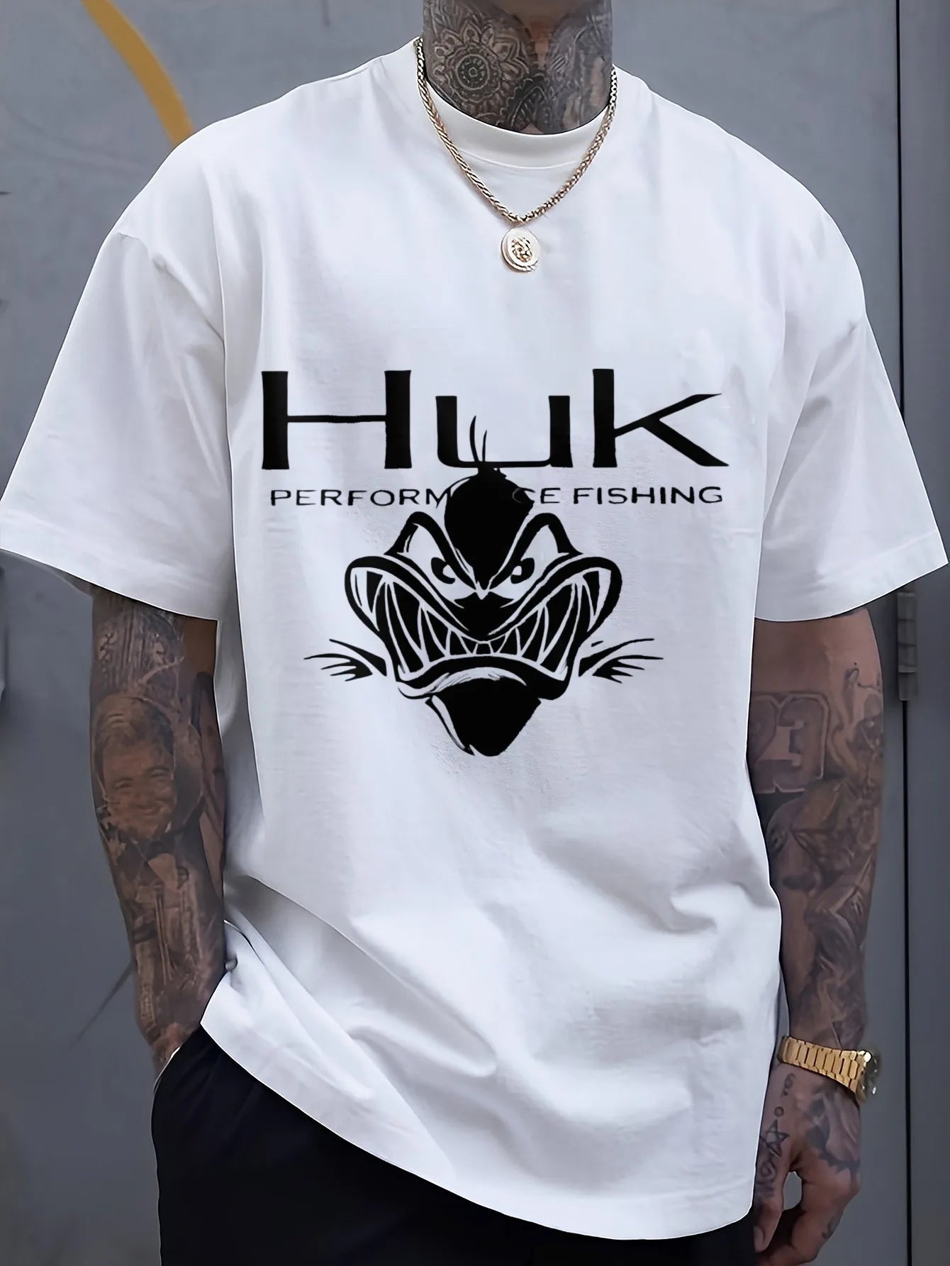 Large Huk Performance Fishing Graphic T-Shirt - Black Casual Crew Neck, Breathable Cotton Tee with Angry Fish Design for Outdoor