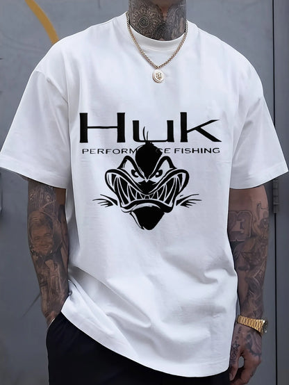 Large Huk Performance Fishing Graphic T-Shirt - Black Casual Crew Neck, Breathable Cotton Tee with Angry Fish Design for Outdoor