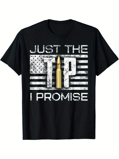 Men's Gun Lover Graphic T-Shirt - 'Just the Tip I Promise' Design with American Flag & Bullet Motif