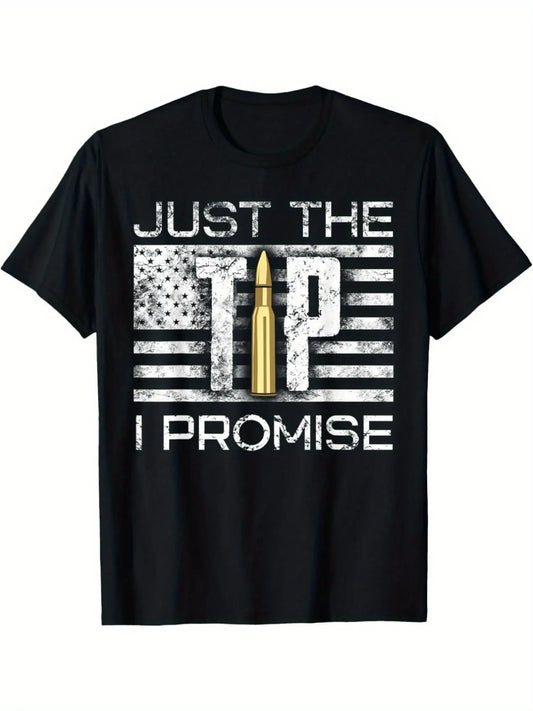 Men's Gun Lover Graphic T-Shirt - 'Just the Tip I Promise' Design with American Flag & Bullet Motif