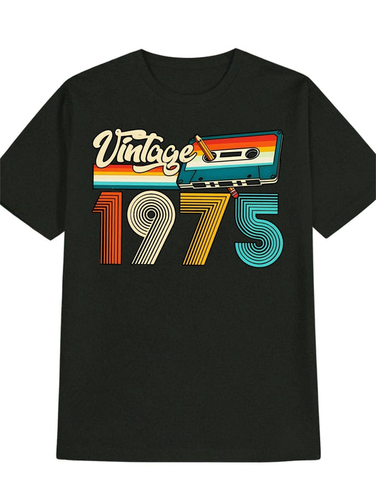 Men'S Vintage 1975 Graphic T-Shirt - Casual Crew Neck, Black with Colorful Tape Design, Perfect for Summer