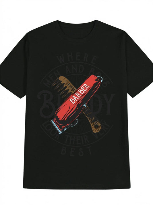Men'S Casual Crew Neck T-Shirt with "Where and Where They Get Best Barber" Print - Lightweight Polyester