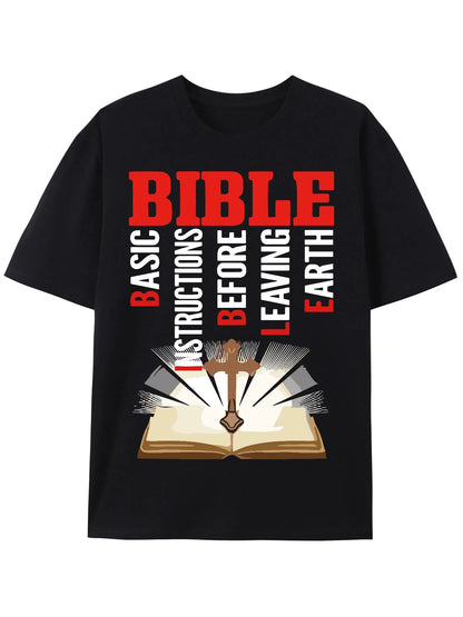 Soft, Breathable Vibrant Bible and Cross Print T-Shirt for Men - Casual Short Sleeve Crew Neck Tee for Summer