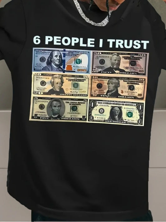 Men's "6 People I Trust" Graphic Cotton T-Shirt - Casual Round Neck Short Sleeve, 100% Cotton Knit Fabric