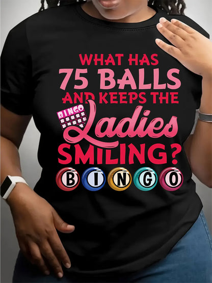 1pc Women's Black Casual Short Sleeve T-Shirt with Vibrant Bingo Ball & Letter Graphic Print, Round Neck,