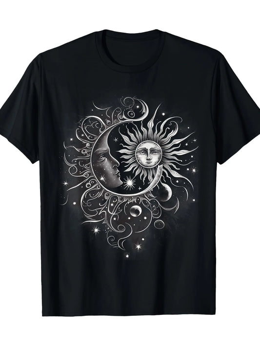100% Cotton T-Shirt with Artistic Sun & Moon Design - Soft & Breathable Crew Neck Tee for Casual Wear, Black Graphic Print