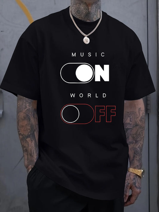 Men's 180G Pure Cotton Music Switch Graphic T-Shirt - Black Short Sleeve Crew Neck Tee with "MUSIC ON" Print, Breathable