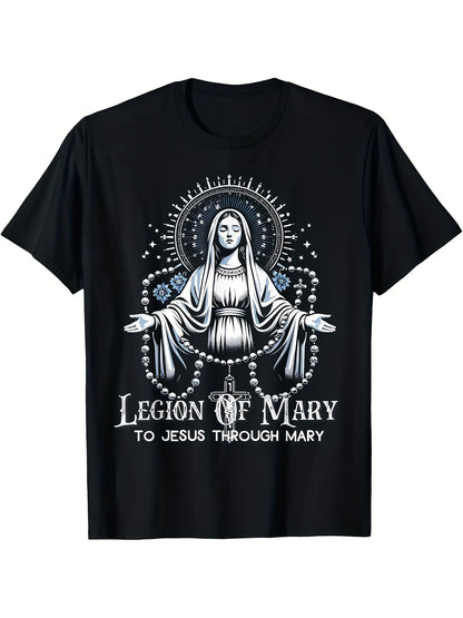 Legion Of Mary To Jesus Our Through Mary Lady Catholic T-Shirt Funny Men's Short Sleeve Graphic T-shirt Collection Black PR 220g